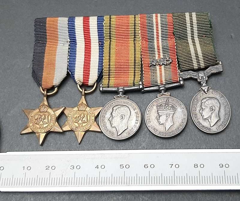 **RARE: WW2 Miniature Campaign Medals w/ Air Efficiency Award Court Mounted (Dispatches).**