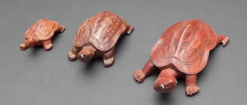 **STUNNING: Early 20th Century Chinese Rosewood Turtle Figurines w/ Faience Inlay (x3).**