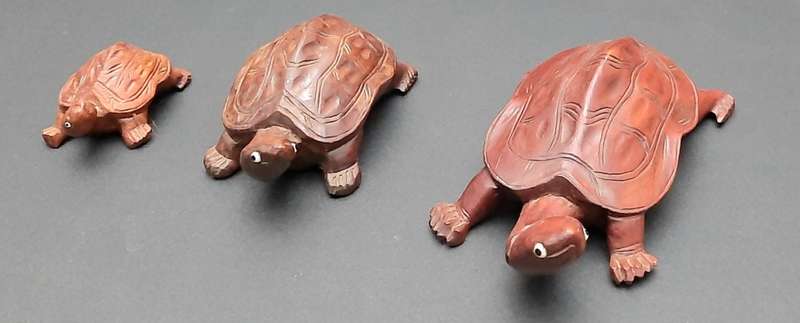 **STUNNING: Early 20th Century Chinese Rosewood Turtle Figurines w/ Faience Inlay (x3).**