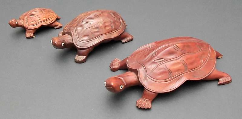 **STUNNING: Early 20th Century Chinese Rosewood Turtle Figurines w/ Faience Inlay (x3).**