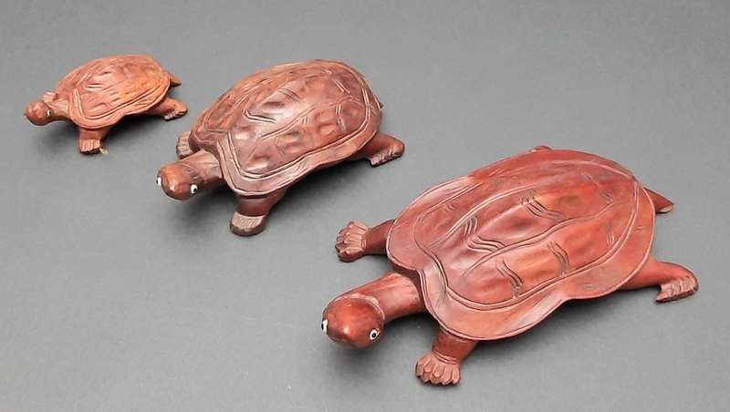 **STUNNING: Early 20th Century Chinese Rosewood Turtle Figurines w/ Faience Inlay (x3).**