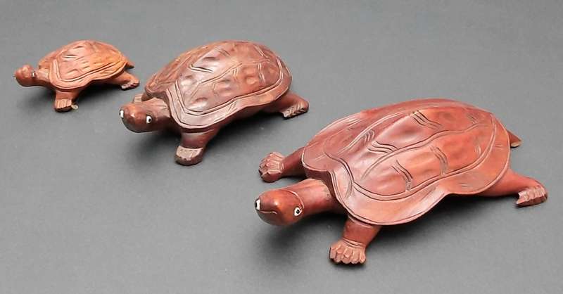 **STUNNING: Early 20th Century Chinese Rosewood Turtle Figurines w/ Faience Inlay (x3).**
