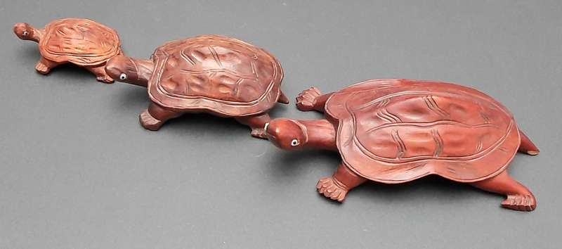 **STUNNING: Early 20th Century Chinese Rosewood Turtle Figurines w/ Faience Inlay (x3).**