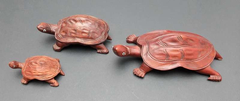 **STUNNING: Early 20th Century Chinese Rosewood Turtle Figurines w/ Faience Inlay (x3).**
