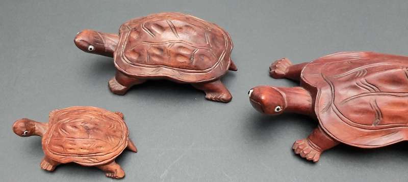 **STUNNING: Early 20th Century Chinese Rosewood Turtle Figurines w/ Faience Inlay (x3).**