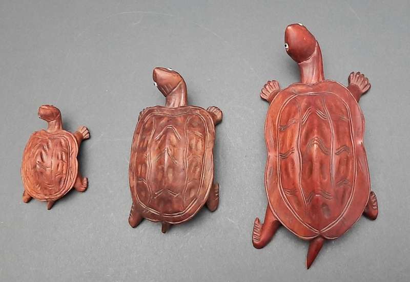 **STUNNING: Early 20th Century Chinese Rosewood Turtle Figurines w/ Faience Inlay (x3).**