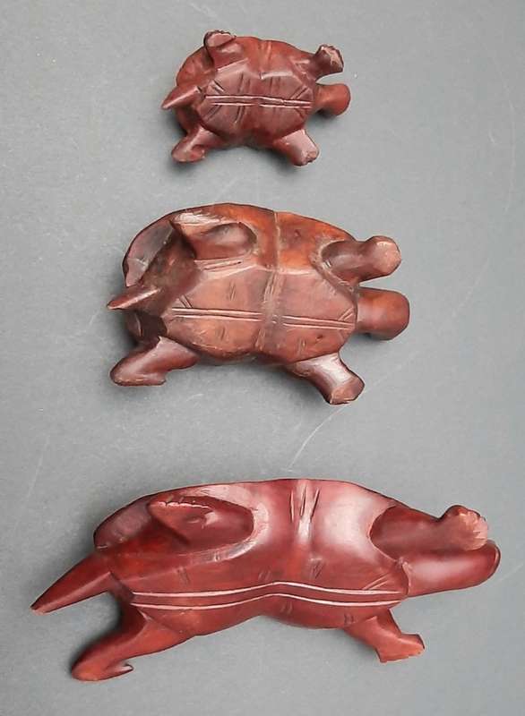 **STUNNING: Early 20th Century Chinese Rosewood Turtle Figurines w/ Faience Inlay (x3).**