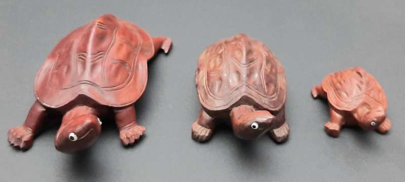 **STUNNING: Early 20th Century Chinese Rosewood Turtle Figurines w/ Faience Inlay (x3).**