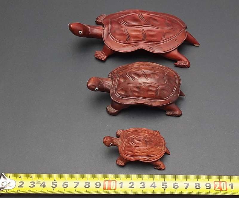 **STUNNING: Early 20th Century Chinese Rosewood Turtle Figurines w/ Faience Inlay (x3).**
