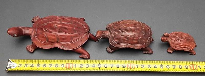 **STUNNING: Early 20th Century Chinese Rosewood Turtle Figurines w/ Faience Inlay (x3).**