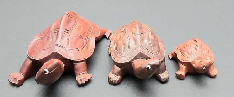 **STUNNING: Early 20th Century Chinese Rosewood Turtle Figurines w/ Faience Inlay (x3).**