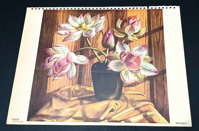 **RARE: Hand-Signed Vladimir Tretchikoff `Lotuses Painted on Wood Lithographic Print (36cm x27cm).**