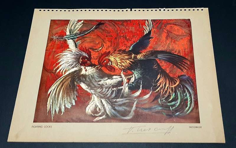 **RARE: Hand-Signed Vladimir Tretchikoff `Fighting Cocks`  Lithographic Print (36cm x27cm).**