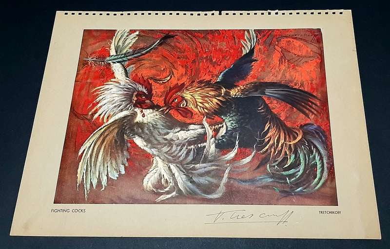 **RARE: Hand-Signed Vladimir Tretchikoff `Fighting Cocks`  Lithographic Print (36cm x27cm).**