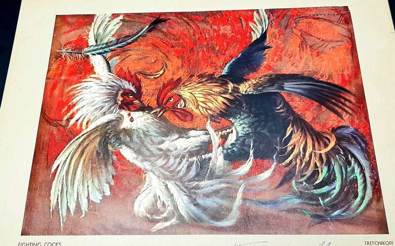 **RARE: Hand-Signed Vladimir Tretchikoff `Fighting Cocks`  Lithographic Print (36cm x27cm).**