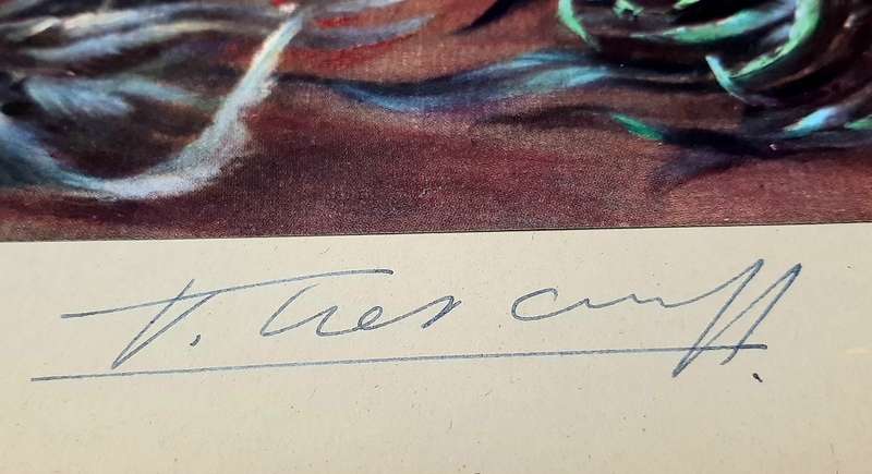 **RARE: Hand-Signed Vladimir Tretchikoff `Fighting Cocks`  Lithographic Print (36cm x27cm).**