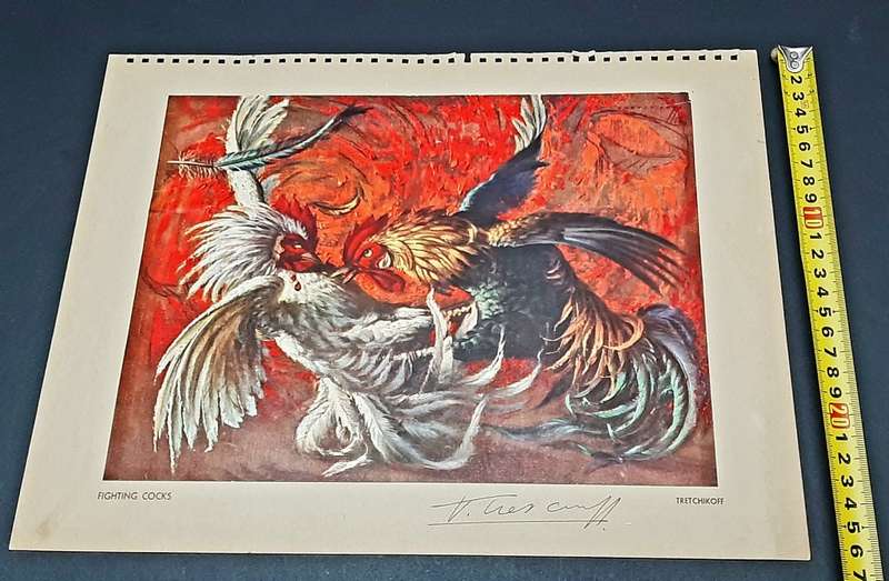 **RARE: Hand-Signed Vladimir Tretchikoff `Fighting Cocks`  Lithographic Print (36cm x27cm).**