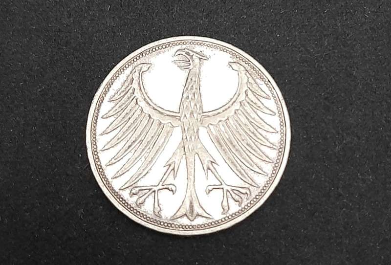 **1966 West-German: .625 Silver 5 Mark Coin (XF).**