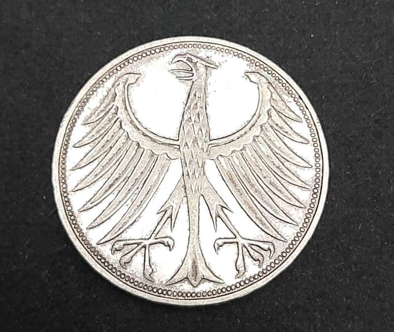 **1966 West-German: .625 Silver 5 Mark Coin (XF).**