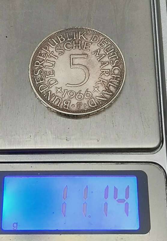 **1966 West-German: .625 Silver 5 Mark Coin (XF).**