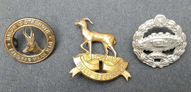 **WW2 UDF : Lot x 3 Service Insignia Badges (GS, Pretoria Regt. & SA Tank Corps).**