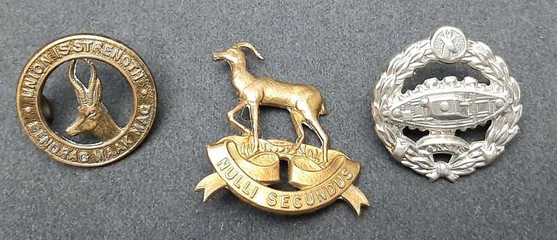 **WW2 UDF : Lot x 3 Service Insignia Badges (GS, Pretoria Regt. & SA Tank Corps).**