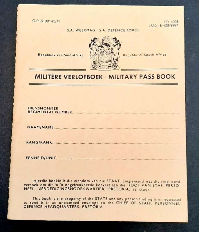 **Border War : 1980s SADF Military Pass Book (USED).**