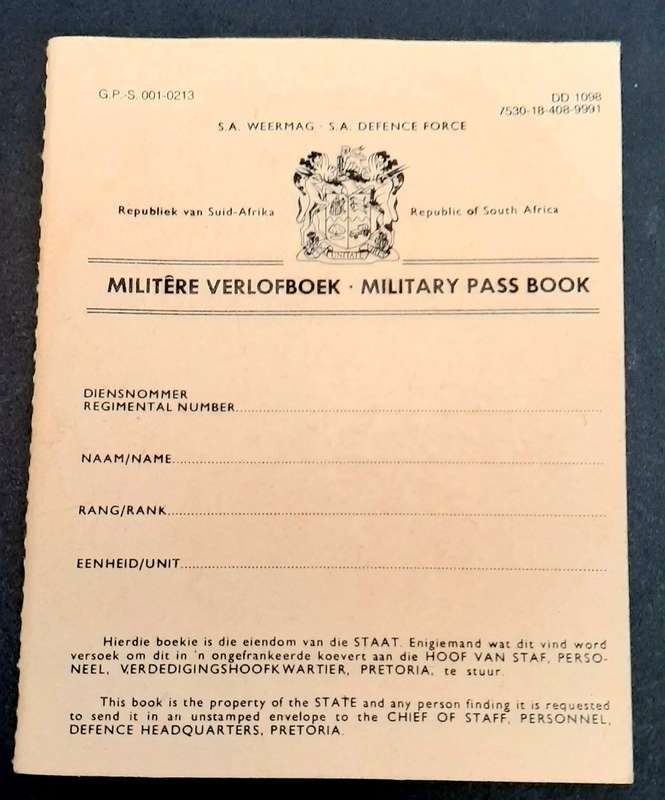 **Border War : 1980s SADF Military Pass Book (USED).**