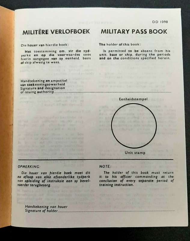 **Border War : 1980s SADF Military Pass Book (USED).**