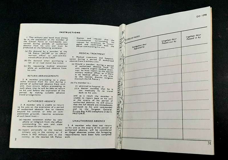 **Border War : 1980s SADF Military Pass Book (USED).**