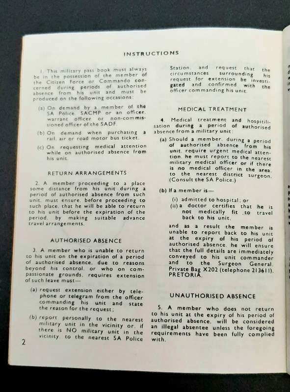 **Border War : 1980s SADF Military Pass Book (USED).**