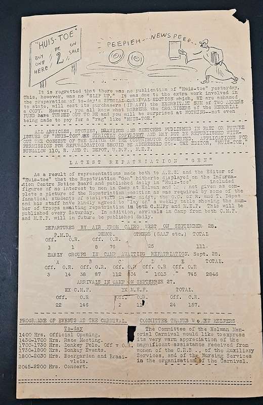 **RARE: WW2 South African `Huis Toe` Demob. Newsletter D/Sided (Sept. 1945).**