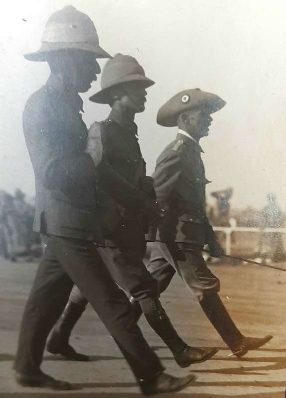 WW1 German Schütztruppe Officer Photograph 'Receiving UDF P.O.W Officers'