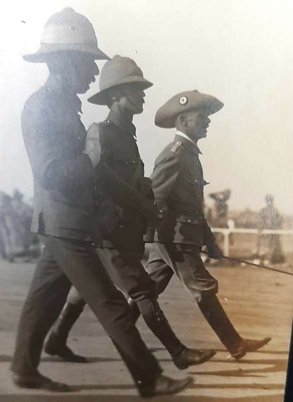 WW1 German Schütztruppe Officer Photograph 'Receiving UDF P.O.W Officers'