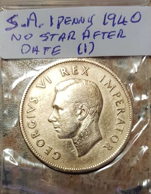 South African 1940 1 penny.  NO STAR AFTER DATE .