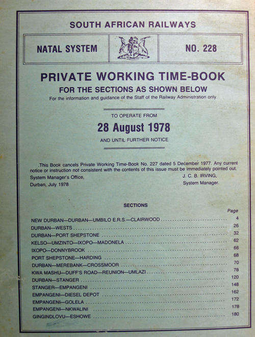 SAR Working Time Book (WTB) - Natal System - No. 228, August 1978
