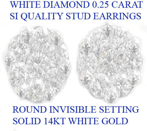 SOLID 14KT WHITE GOLD 0.25CT SI1-SI2 Round Brilliant Cut WHITE Diamond EARRINGS Round Invisible set