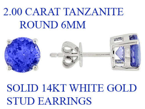 SOLID 14KT WHITE GOLD NATURAL 2.00CT TANZANITE ROUND 6MM STUD EARRINGS