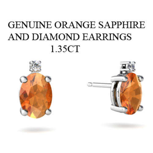 SOLID 14KT WHITE GOLD 1.35CT NATURAL ORANGE SAPPHIRE AND DIAMONDS EARRINGS