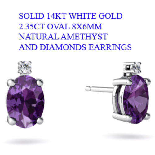 Guaranteed 100% REAL NATURAL, SOLID 14KT WHITE GOLD 2.35CT NATURAL AMETHYST AND DIAMONDS EARRINGS