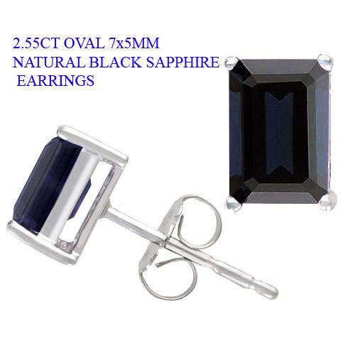SOLID 14KT WHITE GOLD 2.55CT OCTAGON SHAPE 7X5MM NATURAL BLACK SAPPHIRE EARRINGS
