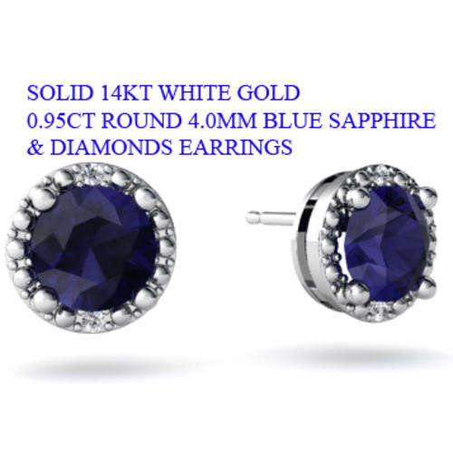 SOLID 14KT WHITE GOLD 0.95CT ROUND 4.0MM BLUE SAPPHIRE & DIAMONDS EARRINGS