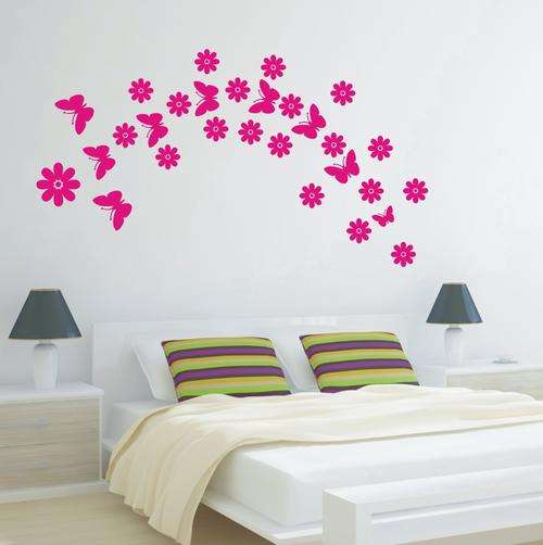 VINYL DECAL -BUTTERFLY AND FLOWERS - BRIGHT PINK