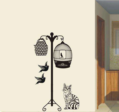 VINYL DECAL CAT AND BIRDCAGE