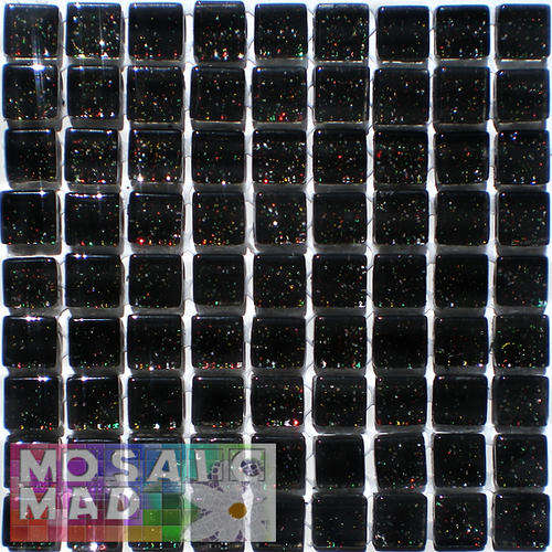 *81* Crystal Glass Mosaic Tiles: BLACK GLITTER 10mm x 10mm x 4mm