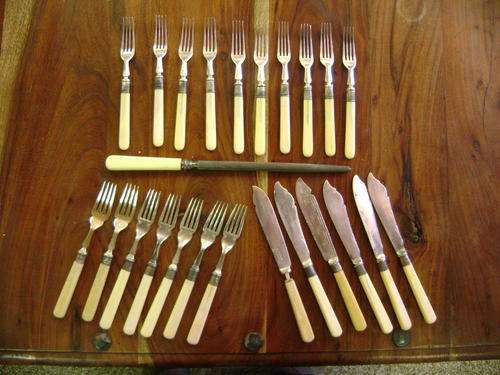 BONE HANDLED FORKS, FISH KNIVES, KNIFE SHARPERNER