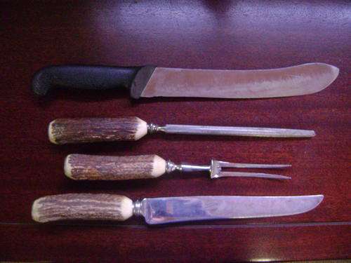 THIS CARVING KNIFE AND FORK SET, PLUS SHARPENER AND EXTRA CARVING KNIFE- MADE SHEFFIELD ENGLAND.