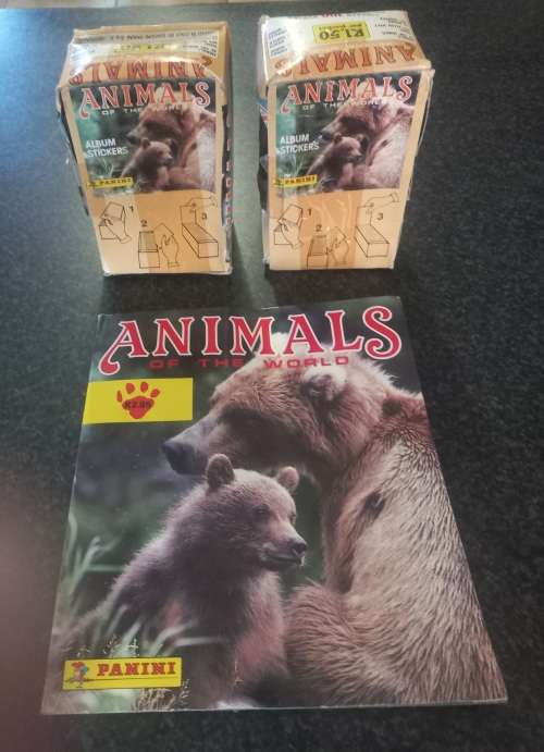 PANINI ANIMALS OF THE WORLD 1995, 2 FULL BOXES OF SEALED PACKETS STICKERS + ALBUM