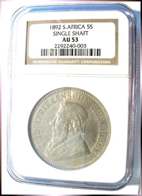 1892 - ZAR - SINGLE SHAFT - CROWN (FIVE SHILLINGS) - NGC AU 53 - R1 Start*********