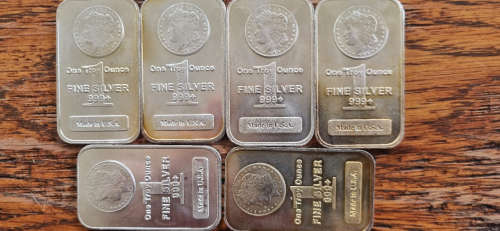 Batch of 6 x 1 oz bars 999 silver - tarnish marks